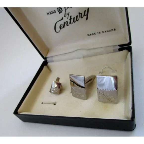 VTG Cufflinks and Tie Tack Boxed Hand Engraved "Century"  Silver Tone Set Canada - Picture 8 of 11